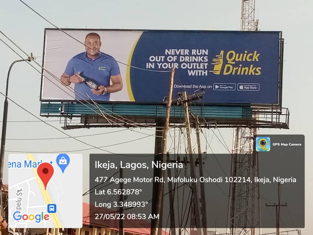 A static unipole billboard located at 497 Lagos–Abeokuta Expressway, Mafoluku, Oshodi–Ikeja axis 