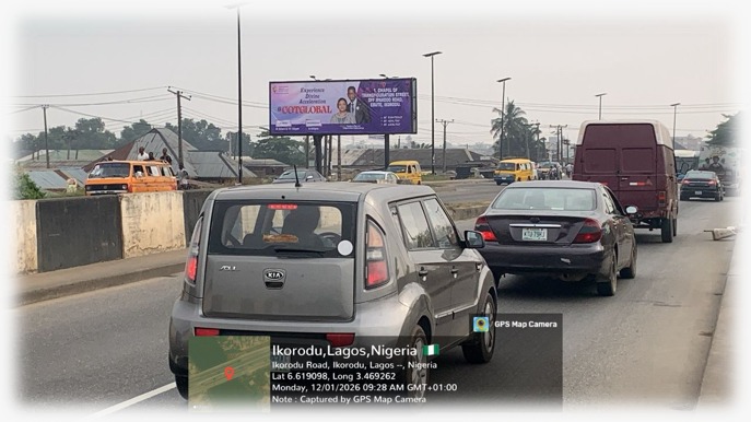 96 Sheet static billboard, Down Stream (D/S)Size: 12m wide x 3m high / 40ft x 10ftFormat: Landscape, mounted roadside facing traffic moving out of Ikorodu towards Majidun/Mile 12D/S: Down Stream means it faces traffic flowing away from Ikorodu town center