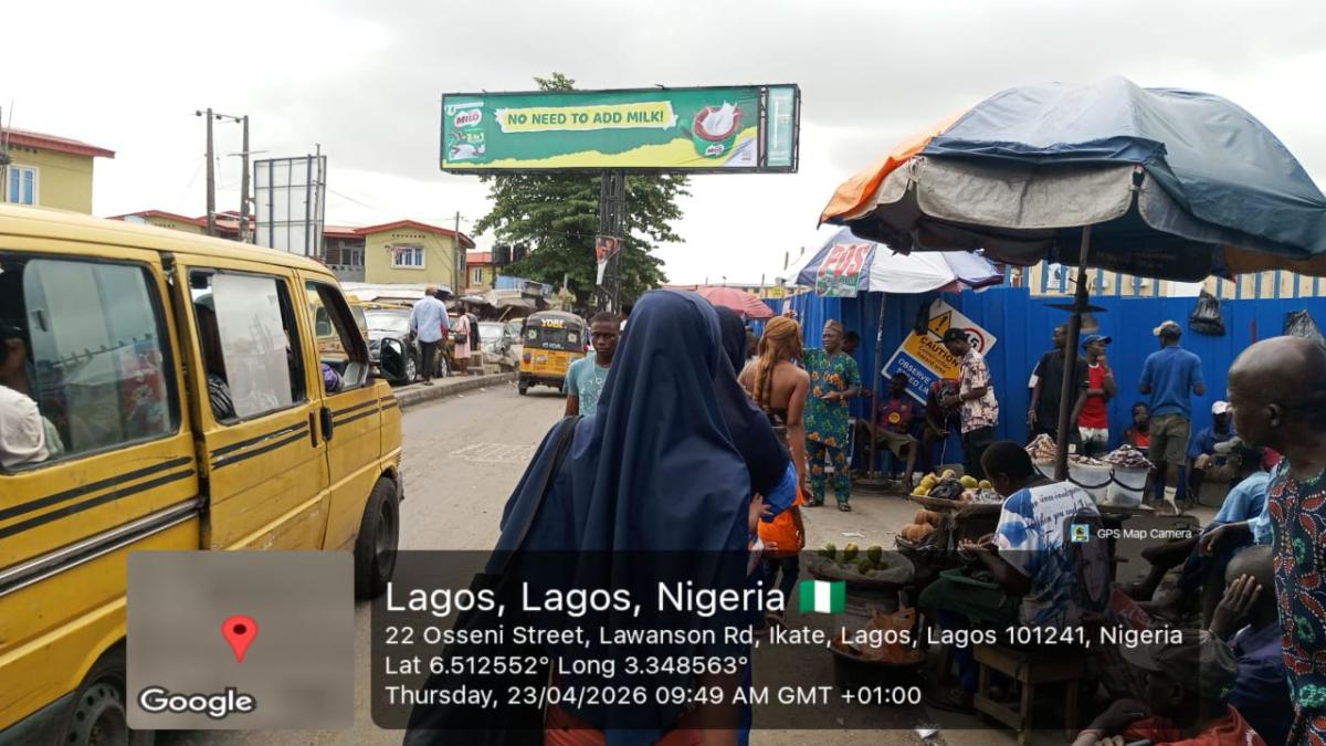 High-footfall 48 sheet billboard at 22 Osseni Street, Lawanson Rd, Ikate. Positioned above busy market traffic with heavy pedestrian and vehicular flow daily.