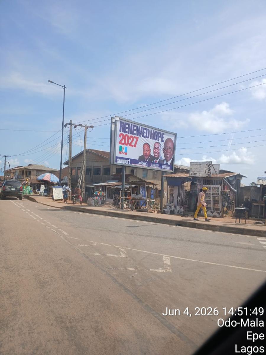 48-sheet static billboard on Epe-Lagos Rd, facing traffic into Epe town. High visibility at busy junction. Mainly used for real estate, schools, banks